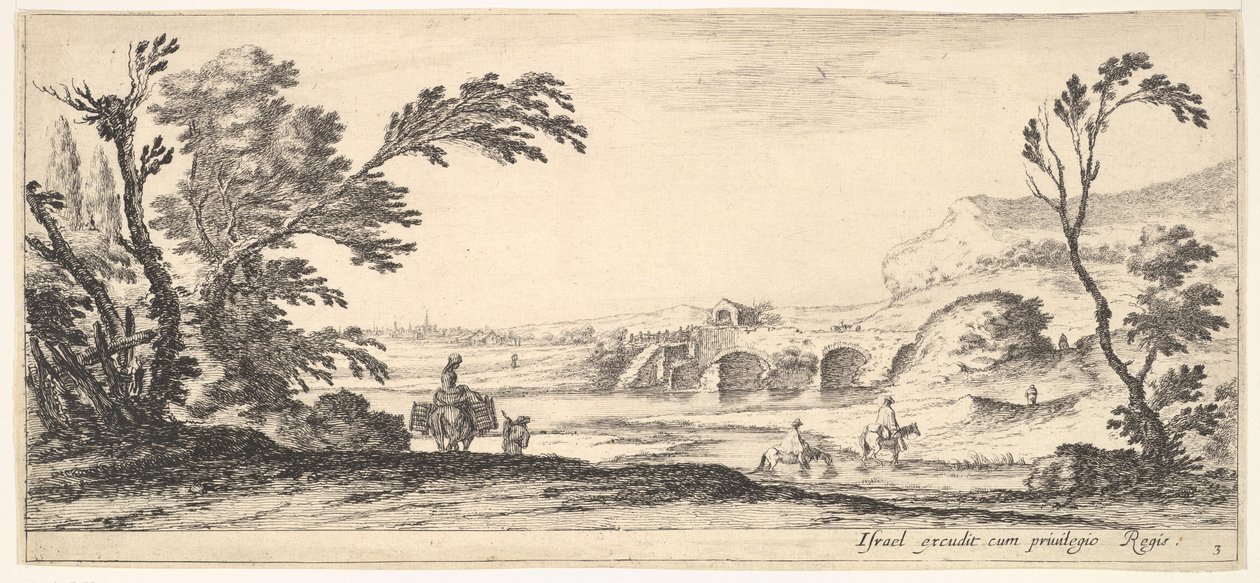 اللوحة 3: فارسان يعبران نهرًا إلى اليمين ، امرأة تحمل سلتين فوق دونك ... ، كاليفورنيا. 1641. بواسطة ستيفانو ديلا بيلا
