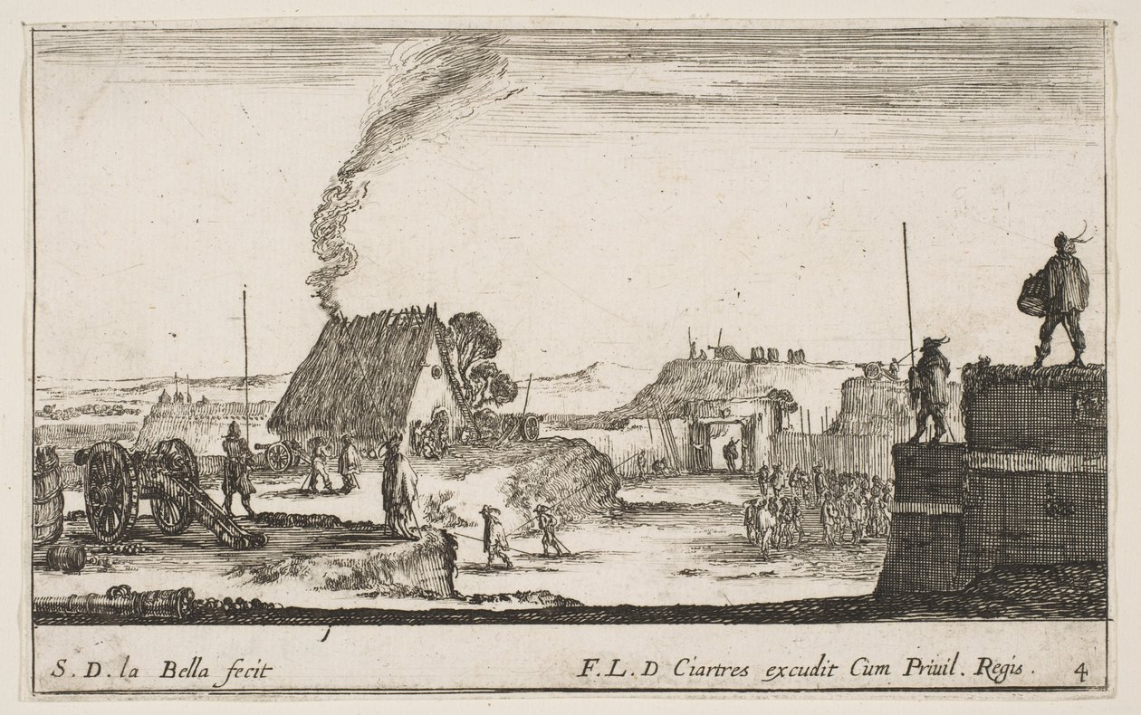 اللوحة 4: معسكر عسكري مع جندي يقف على حاجز على الضربات اليمنى ... ، كاليفورنيا. 1641. بواسطة ستيفانو ديلا بيلا