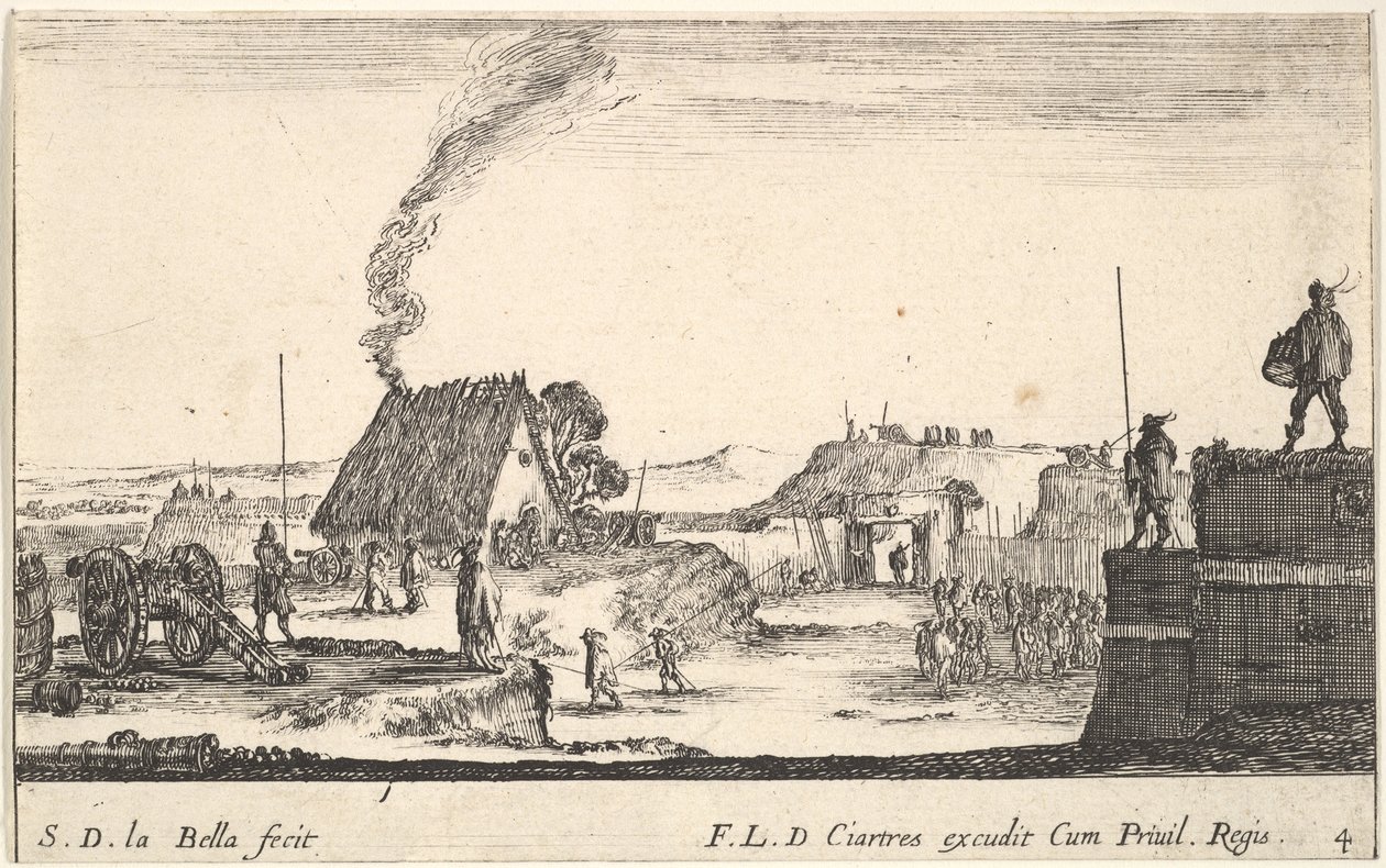 اللوحة 4: معسكر عسكري مع جندي يقف على حاجز على الضربات اليمنى ... ، كاليفورنيا. 1641. بواسطة ستيفانو ديلا بيلا