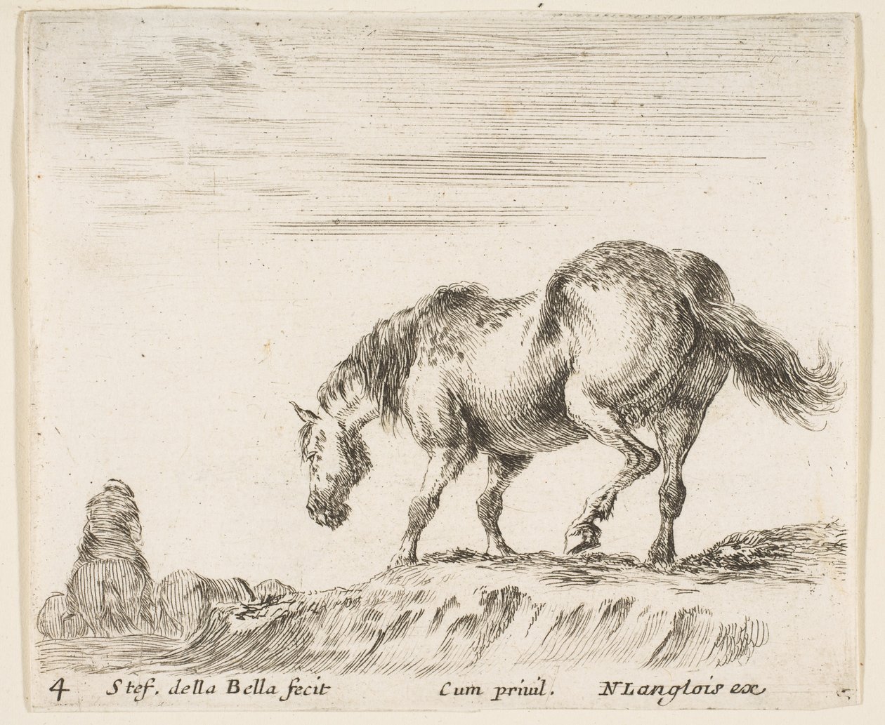 اللوحة 4: حصان في صورة جانبية يواجه اليسار ، على وشك النزول من تل ، حصان ... ، كاليفورنيا. 1644-47. بواسطة ستيفانو ديلا بيلا