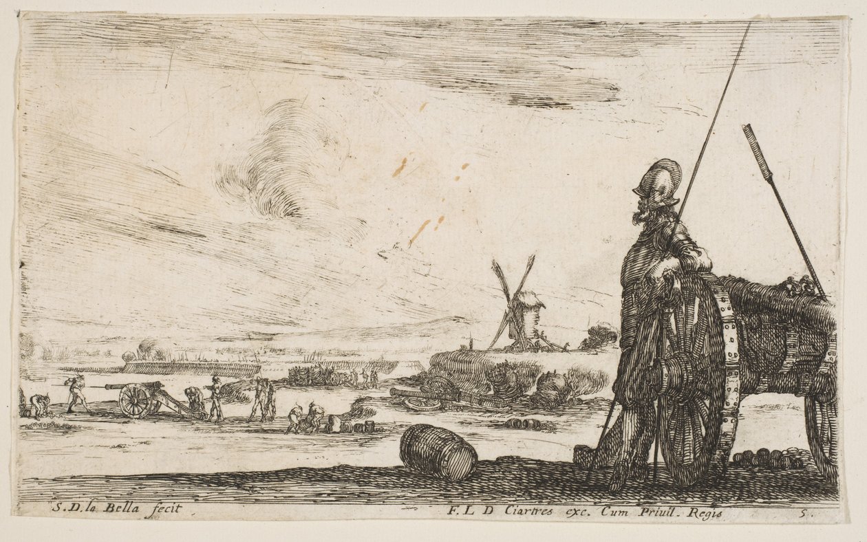 اللوحة 5: بيكمان يقف بجانب مدفع ، شخصيات عسكرية أخرى ... ، كاليفورنيا. 1641. بواسطة ستيفانو ديلا بيلا