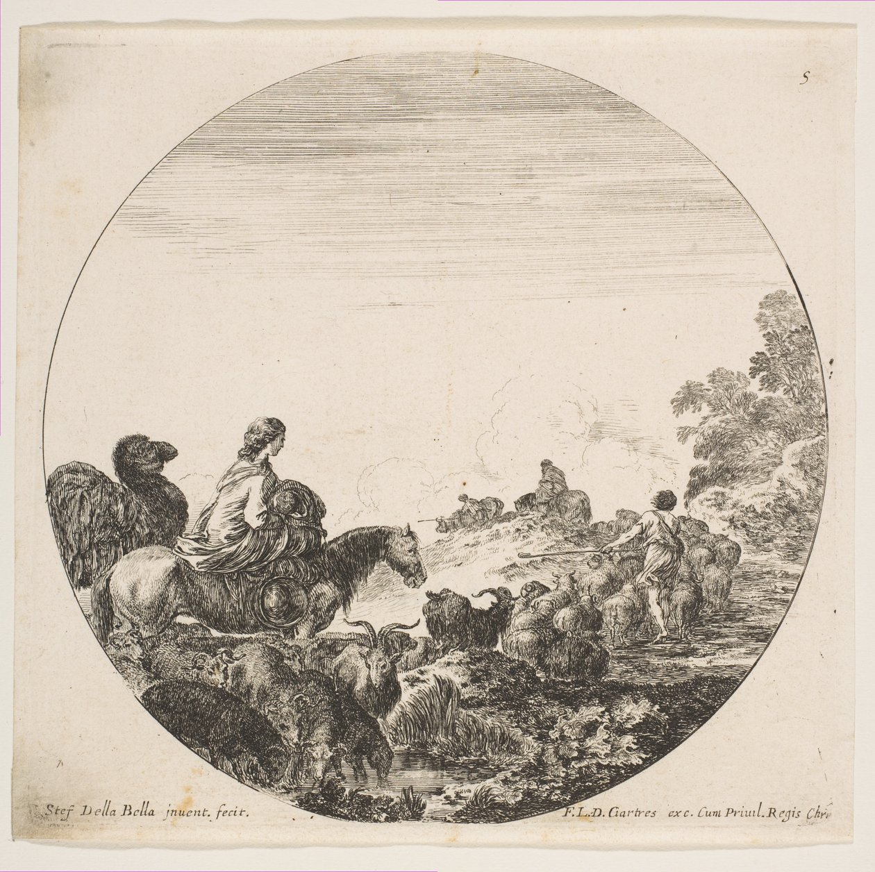 اللوحة 5: امرأة تحمل طفلاً على حصان على اليسار ، يتبعها جمل ، قطيع من ... ، كاليفورنيا. 1646. بواسطة ستيفانو ديلا بيلا