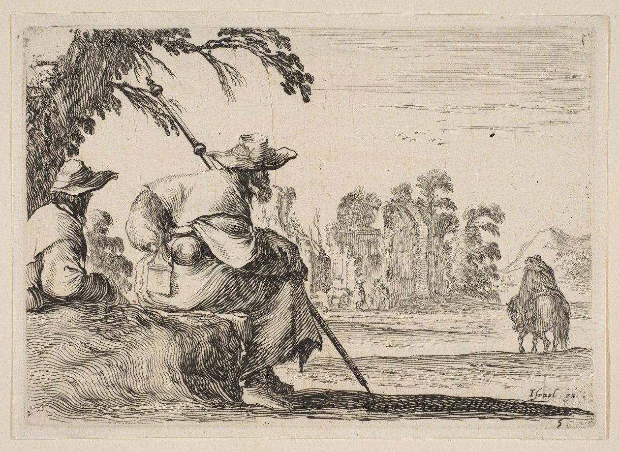 اللوحة 5: حاجان يرتديان القبعات إلى اليسار ، من الخلف ، برج ركوب فارس ... ، 1642. بواسطة ستيفانو ديلا بيلا