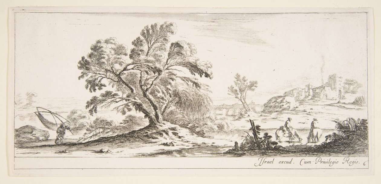اللوحة 6: صياد يحمل شبكة إلى اليسار ، وفرسان في جدول يمين ، شجرة ... ، كاليفورنيا. 1641. بواسطة ستيفانو ديلا بيلا