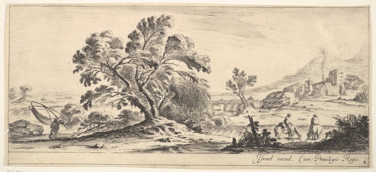 اللوحة 6: صياد يحمل شبكة إلى اليسار ، وفرسان في جدول يمين ، شجرة ... ، كاليفورنيا. 1641. بواسطة ستيفانو ديلا بيلا