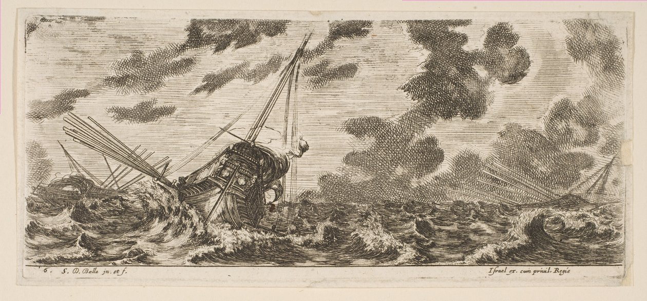 اللوحة 6: ثلاث سفن في عاصفة ، من حظر غواصين متنوعون ، كاليفورنيا. 1646-47. بواسطة ستيفانو ديلا بيلا