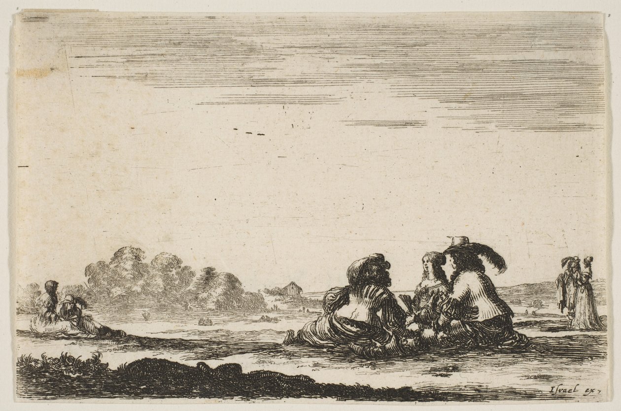 اللوحة 7: نبلان يجلسان في المركز ، يُنظر إليهما من الخلف ، يتحدثان مع بحر نبيلة ... ، 1642. بواسطة ستيفانو ديلا بيلا