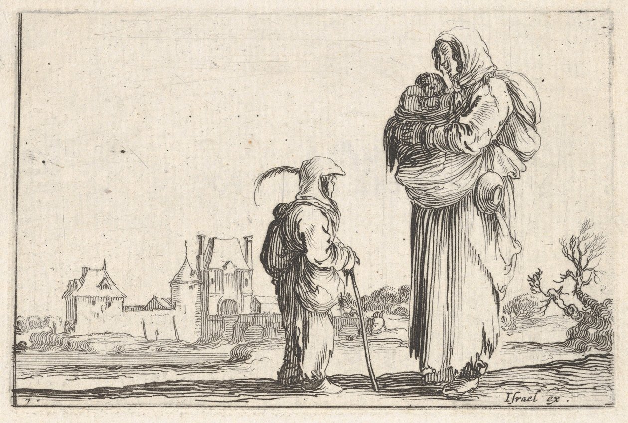 اللوحة 7: فلاحة تحمل طفلها إلى اليمين وتتحدث لطفل آخر واقف ... ، كاليفورنيا. 1642. بواسطة ستيفانو ديلا بيلا