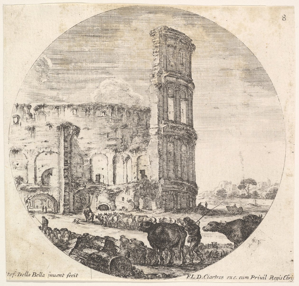 اللوحة 8: الكولوسيوم ، يتم توجيه قطعتين نحو المدرج في المدرج ... ، كاليفورنيا. 1643-48. بواسطة ستيفانو ديلا بيلا