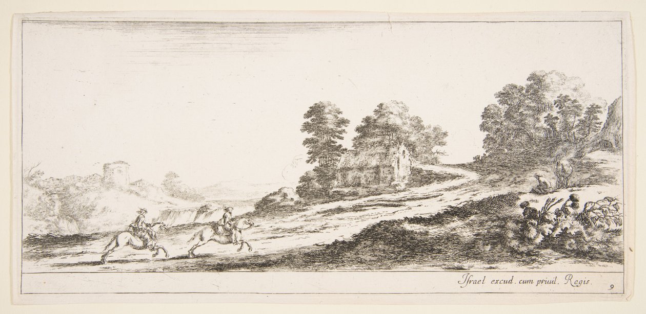 اللوحة 9: اثنان من الفرسان يسارا يسيران صعودا نحو اليمين ، حصان ويجلس م ... ، كاليفورنيا. 1641. بواسطة ستيفانو ديلا بيلا