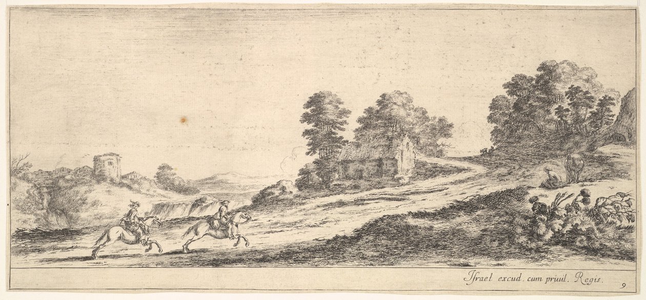 اللوحة 9: اثنان من الفرسان يسارا يسيران صعودا نحو اليمين ، حصان ويجلس م ... ، كاليفورنيا. 1641. بواسطة ستيفانو ديلا بيلا