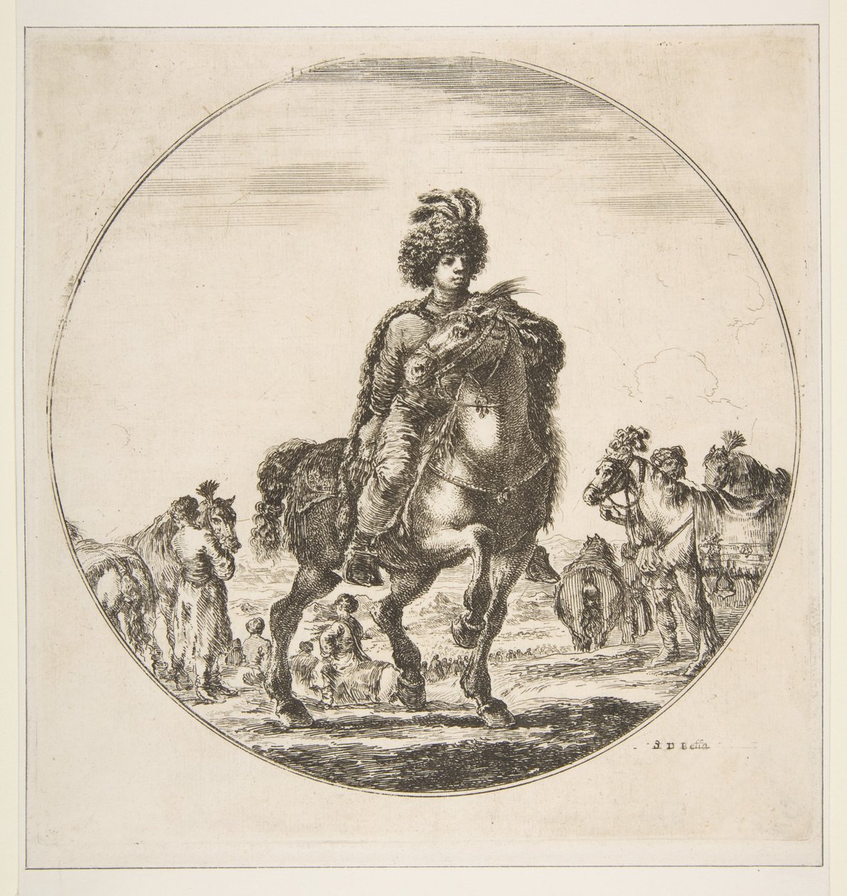 الفارس البولندي يواجه اليمين ، تكوين دائري ، من Figures on Horseback Cav ...، ca. 1651. بواسطة ستيفانو ديلا بيلا