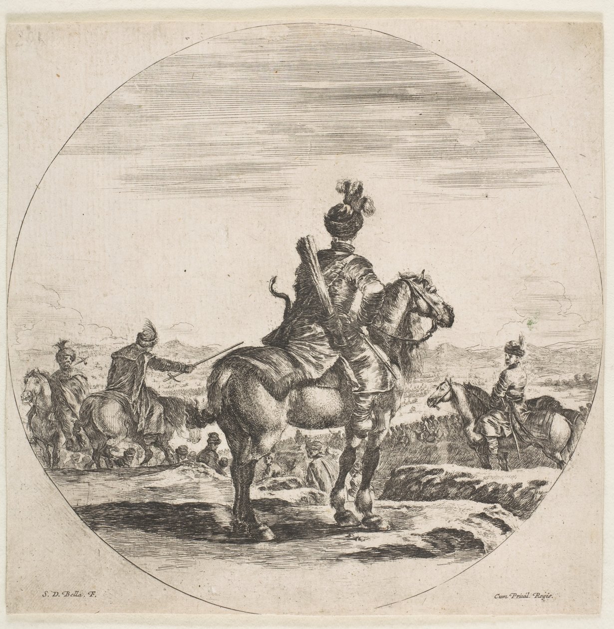 الفارس البولندي مع القوس والسهم ، ينظر من الخلف مع مواجهة حصانه الأيمن ، ... ، كاليفورنيا. 1651. بواسطة ستيفانو ديلا بيلا