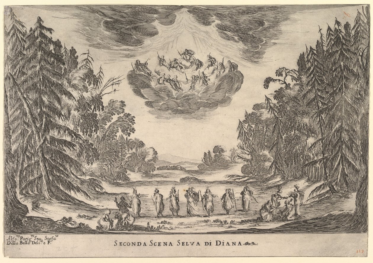 المشهد الثاني ، في غابة دياناس ، من زواج الآلهة Le nozze degli Dei ، 1637. بواسطة ستيفانو ديلا بيلا