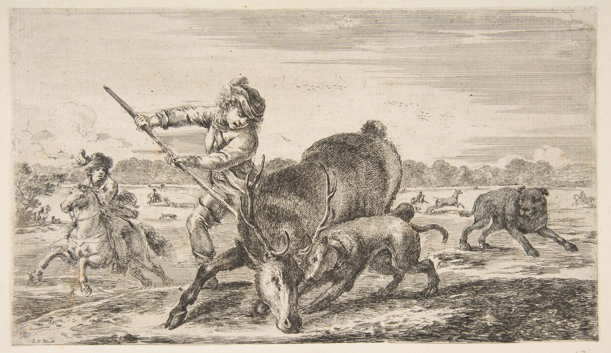 الأيل في الخليج ، من صيد الحيوانات يصطاد الحيوانات المختلفة ، كاليفورنيا. 1654. بواسطة ستيفانو ديلا بيلا