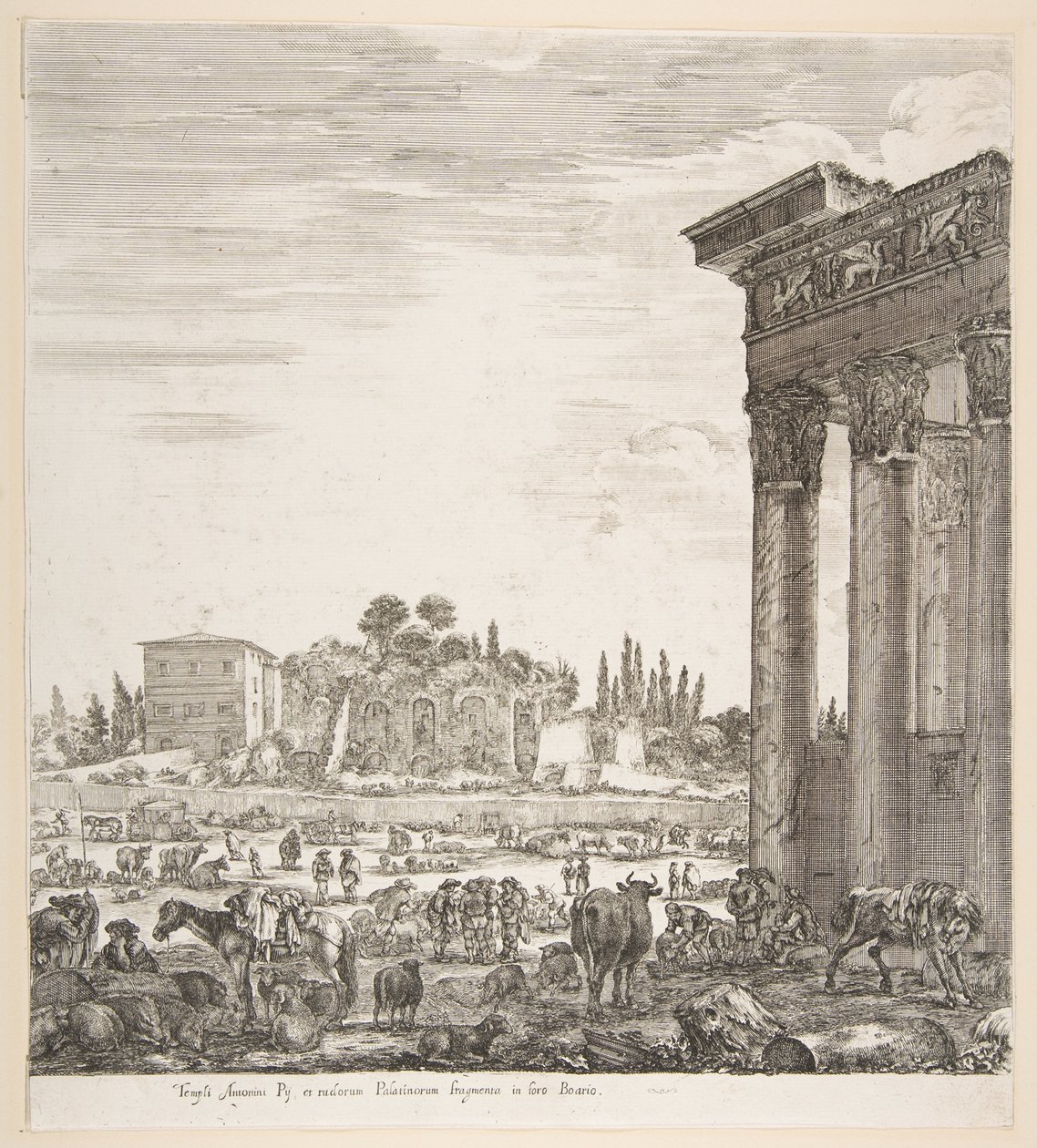 أعمدة معبد أنطونيوس إلى اليمين ، جزء من كامبو فايسينو في الوسط و ... ، 1656. بواسطة ستيفانو ديلا بيلا