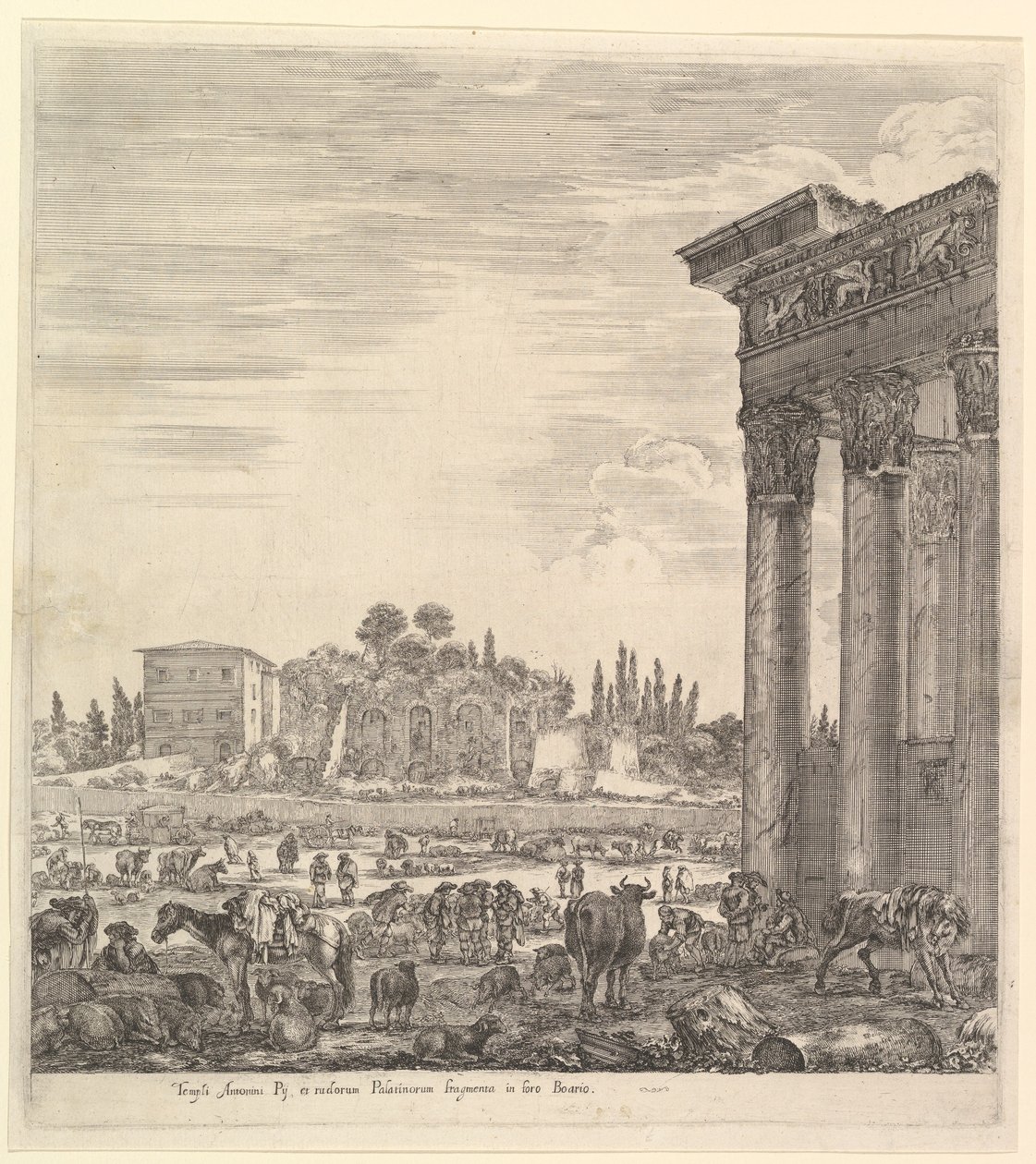 أعمدة معبد أنطونيوس إلى اليمين ، جزء من كامبو فايسينو في الوسط و ... ، 1656. بواسطة ستيفانو ديلا بيلا