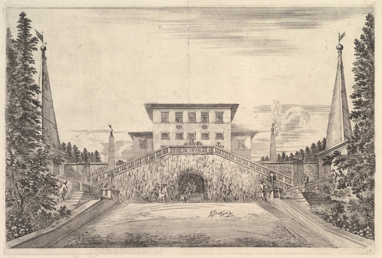 الفيلا في الوسط محاطة بأربع مسلات ، وسلم على كلا الجانبين ، وتمثال في ... ، كاليفورنيا. 1653. بواسطة ستيفانو ديلا بيلا