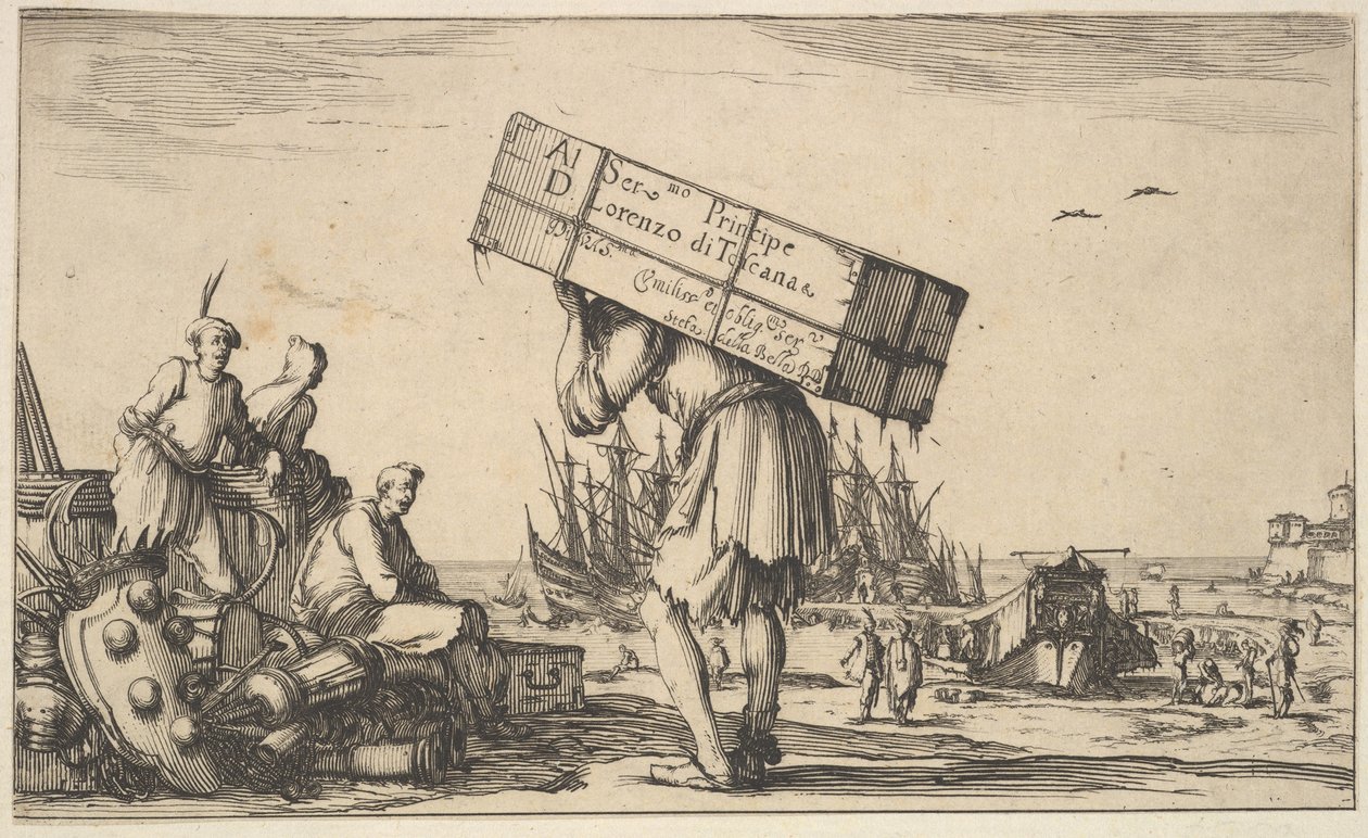 صفحة العنوان: رجل يحمل حقيبة على ظهره في المنتصف ، ثلاثة رجال يتطلعون إليه في ... ، 1639. بواسطة ستيفانو ديلا بيلا