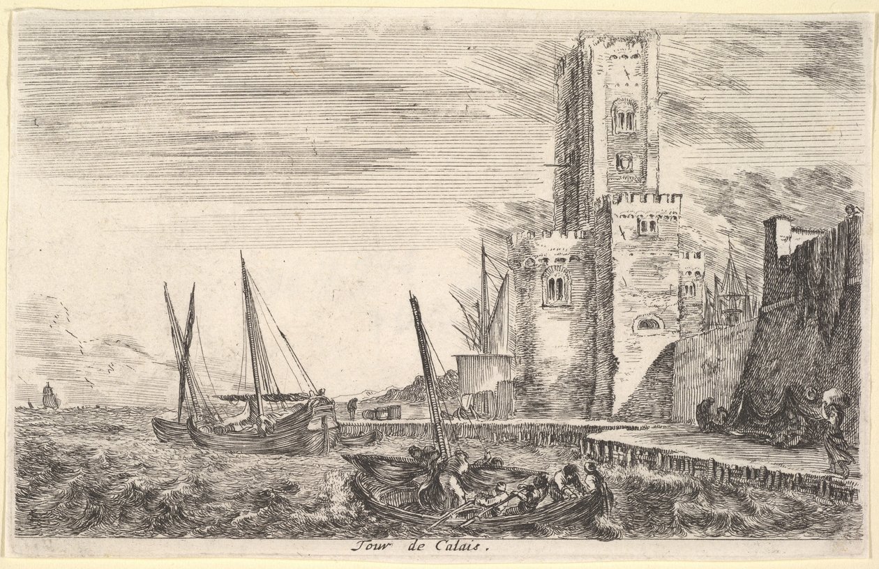 برج كاليه Tour de Calais ، برج إلى اليمين ، سفينتان في البحر إلى اليسار وفي المائة ... ، 1647. بواسطة ستيفانو ديلا بيلا