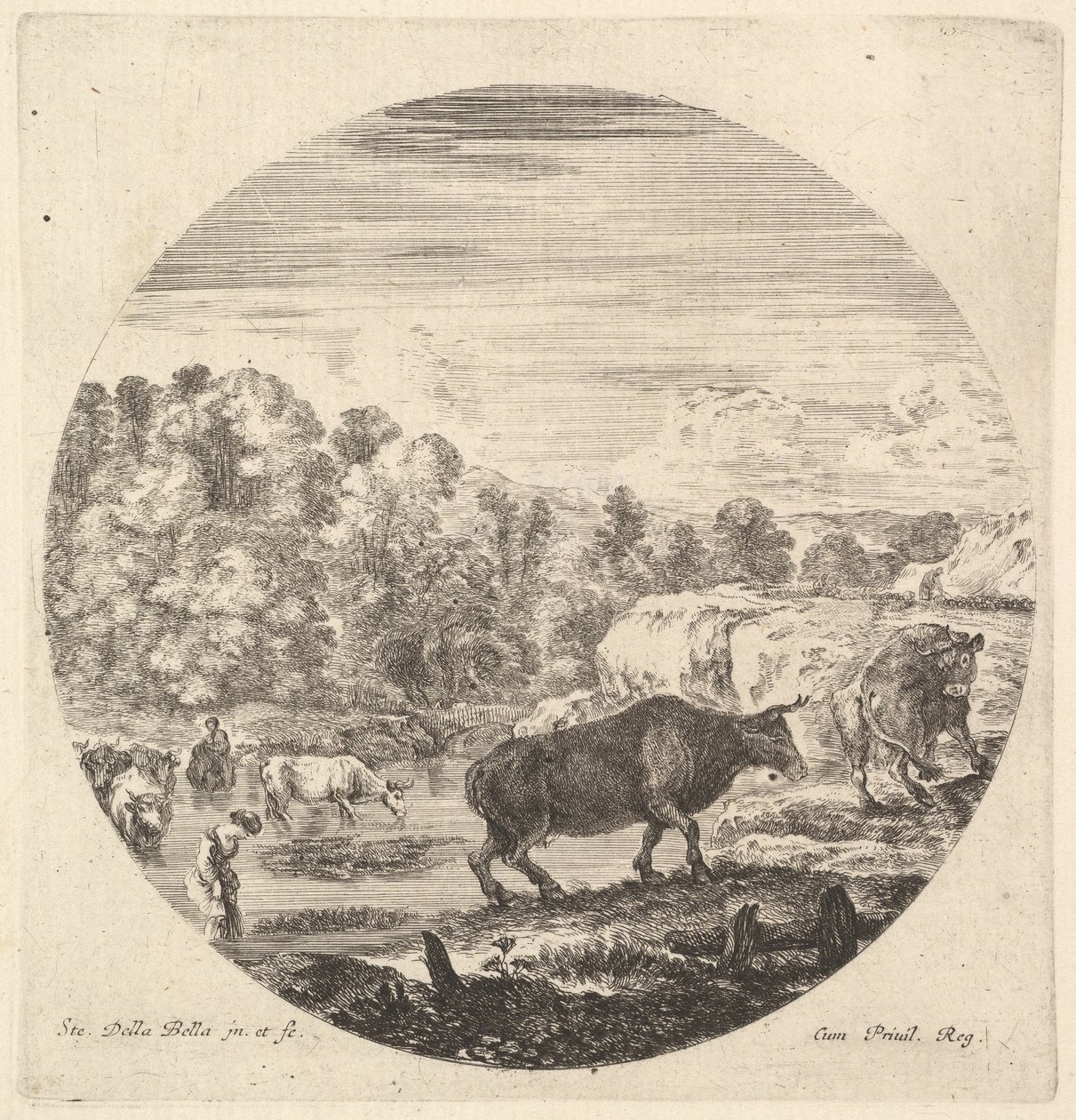 بقرتان في المنتصف ، تتبعهما سيدتان من الفلاحين وأبقار أخرى في النهر إلى كاليفورنيا. 1643-48. بواسطة ستيفانو ديلا بيلا