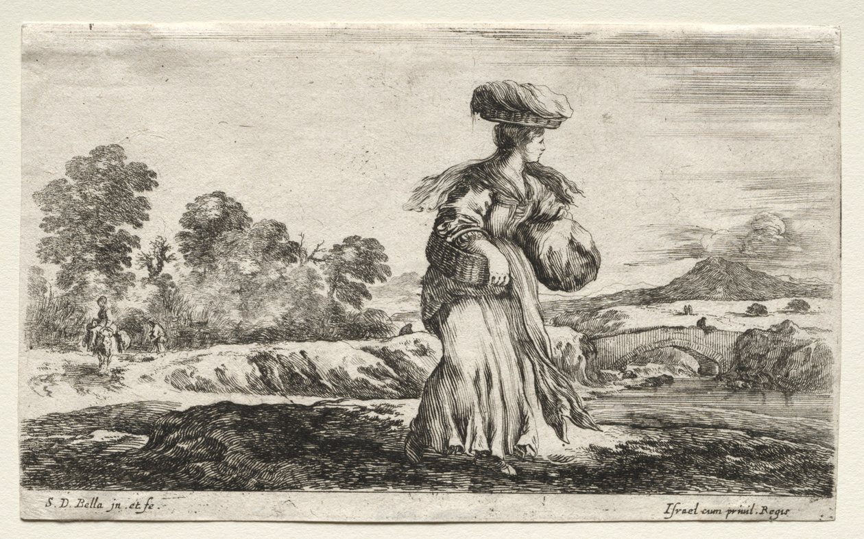 شخصيات ومناظر طبيعية مختلفة: امرأة فلاحية تحمل سلة على رأسها ، 1649. بواسطة ستيفانو ديلا بيلا
