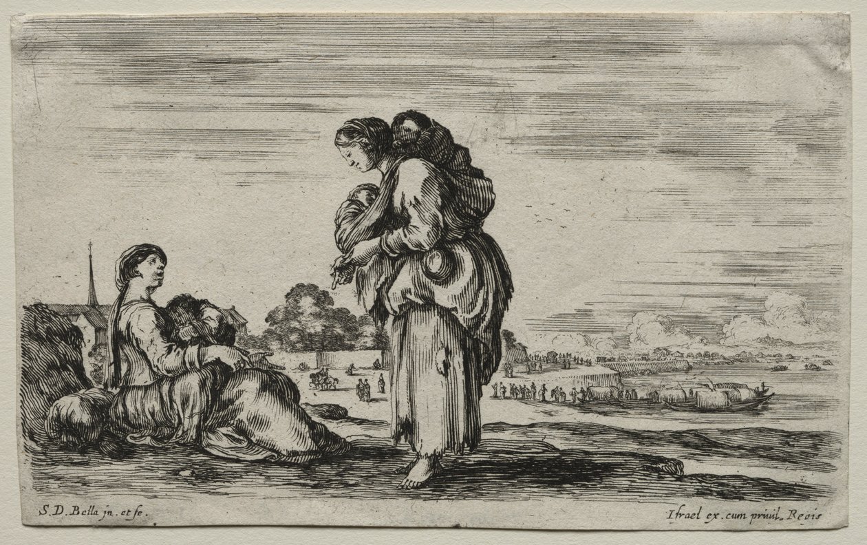 شخصيات مختلفة ومناظر طبيعية: والدتان تتحدثان معًا ، 1649. بواسطة ستيفانو ديلا بيلا
