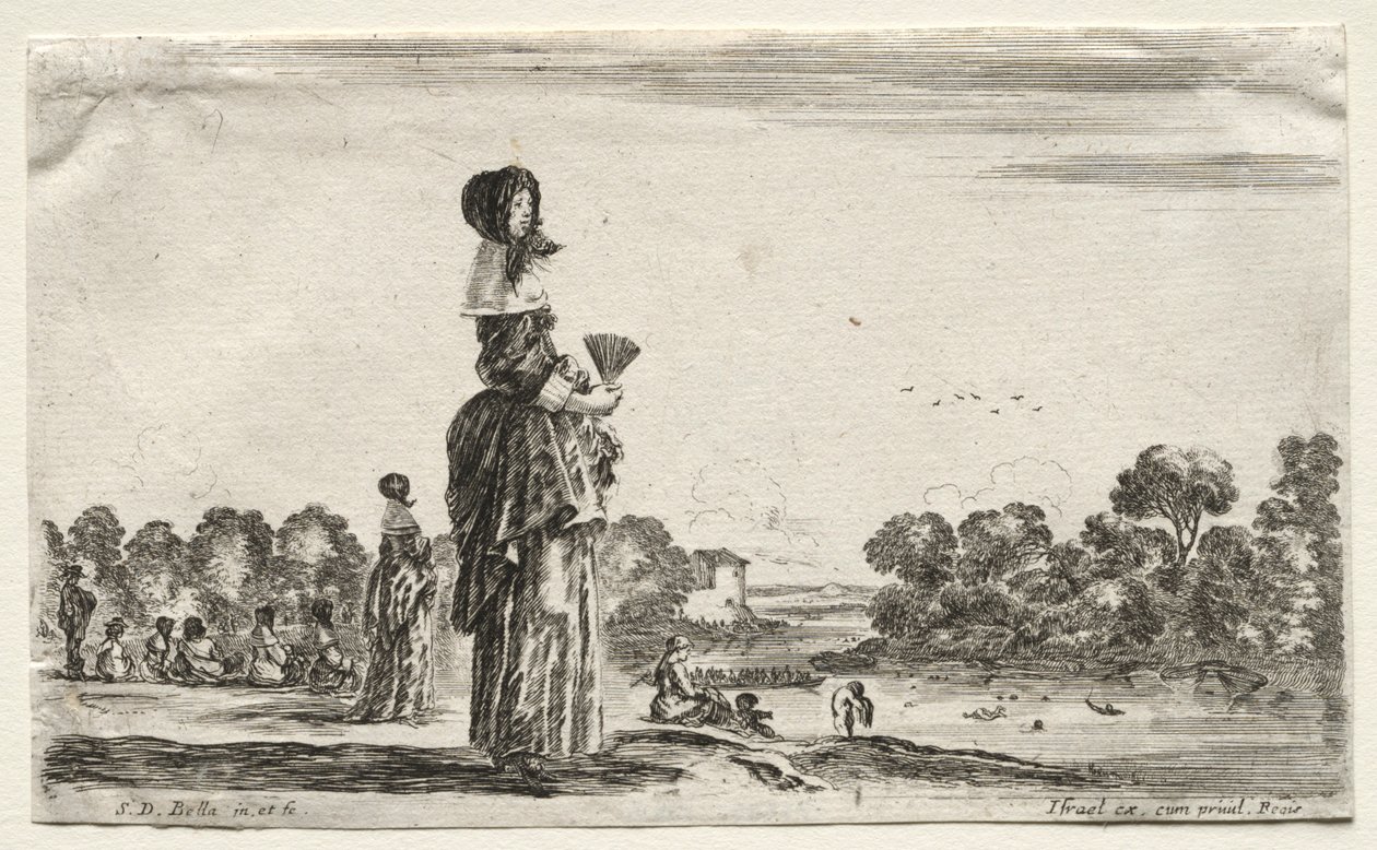 شخصيات ومناظر طبيعية مختلفة: نساء يشاهدن السباحين على طول النهر ، 1649. بواسطة ستيفانو ديلا بيلا