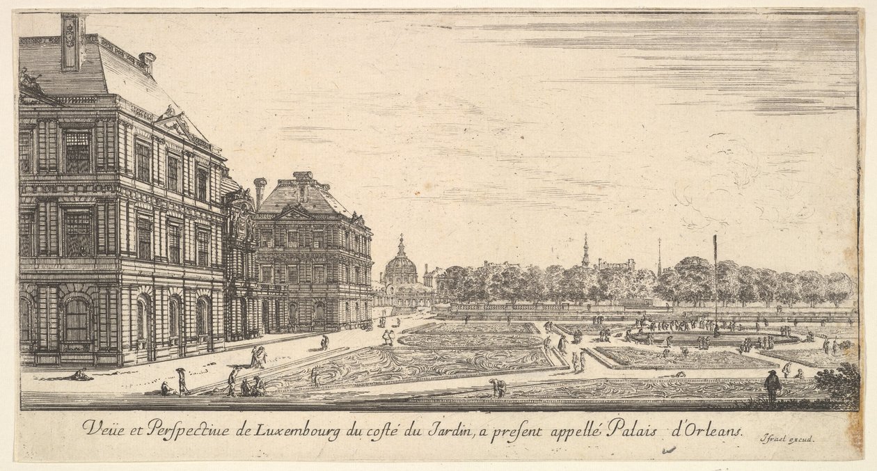 منظر لكسمبورغ من جانب الحديقة في Palais dOrleans ، من مناظر مختلفة لـ ... ، 1649-51. بواسطة ستيفانو ديلا بيلا
