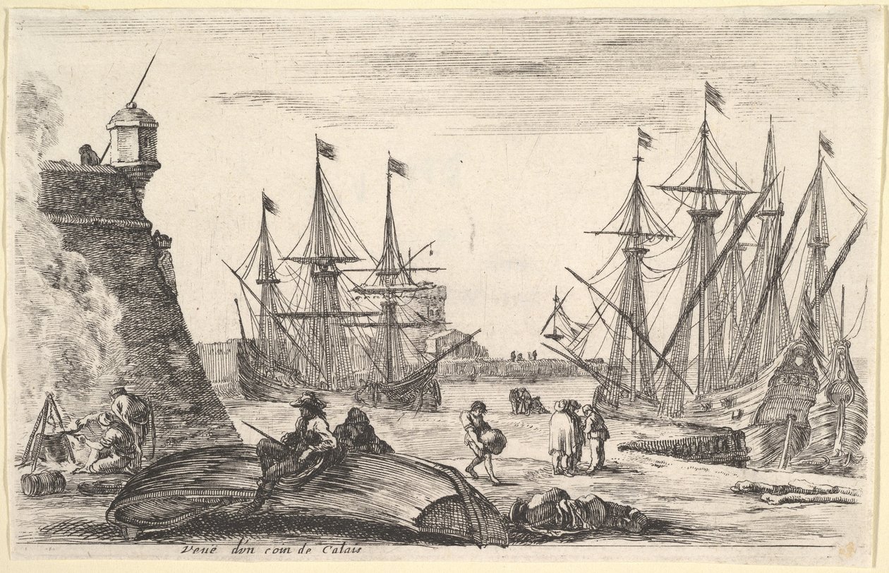 منظر لجزء من Calais Veue d'un coin de Calais ، رجل يجلس على زورق مقلوب ... ، 1647. بواسطة ستيفانو ديلا بيلا