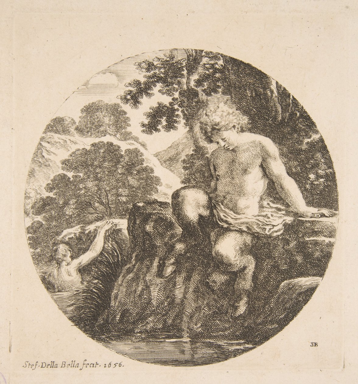 يونغ ساتير على وشك الاستحمام في نهر ، من "المناظر الطبيعية والموانئ" Paysages et port d ... ، 1656. بواسطة ستيفانو ديلا بيلا