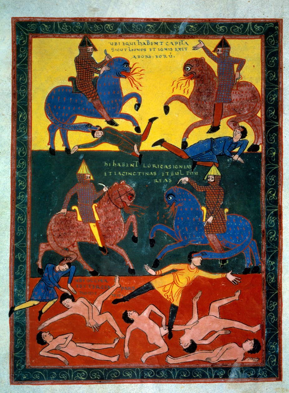 فرسان نهاية العالم الأربعة. ويطلق الملاك البوق السادس: ظهور خيل برأس أسد ينفث نارًا، وفرسان راكبين بوارج. هلك ثلث الرجال. المنمنمة في "" بيتوس دي ليبانا، تعليق على نهاية العالم بواسطة ستيفن جارسيا