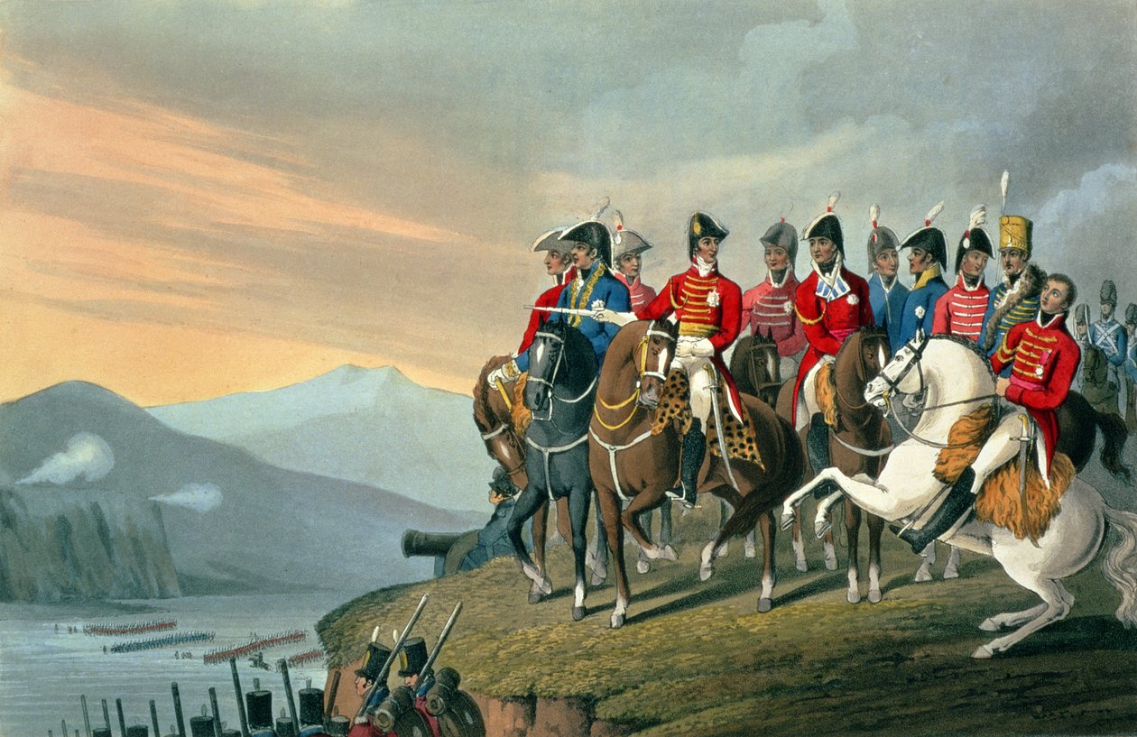 دوق ويلينغتون وموظفيه يعبرون بيداسوا ويدخلون فرنسا ، 1813 ، نقشها ماثيو دوبورج (fl.1813-20) من الحكايات التاريخية والعسكرية والبحرية ، حانة. بواسطة إدوارد أورم (1774-ج. بواسطة صفير فرانسوا ريغو