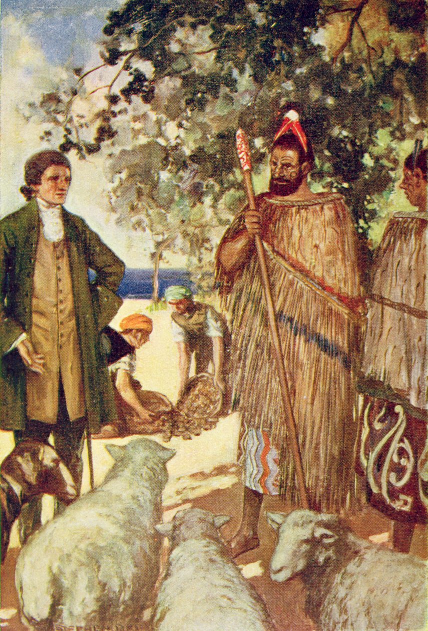 يقدم الكابتن كوك (1728-1779) للسكان الأصليين بعض الأغنام والماعز ، رسم توضيحي من "كتاب الاكتشاف" بقلم تي سي. الجسور ، تم نشره عام 1931 (لون ليثو) بواسطة ستيفن ريد