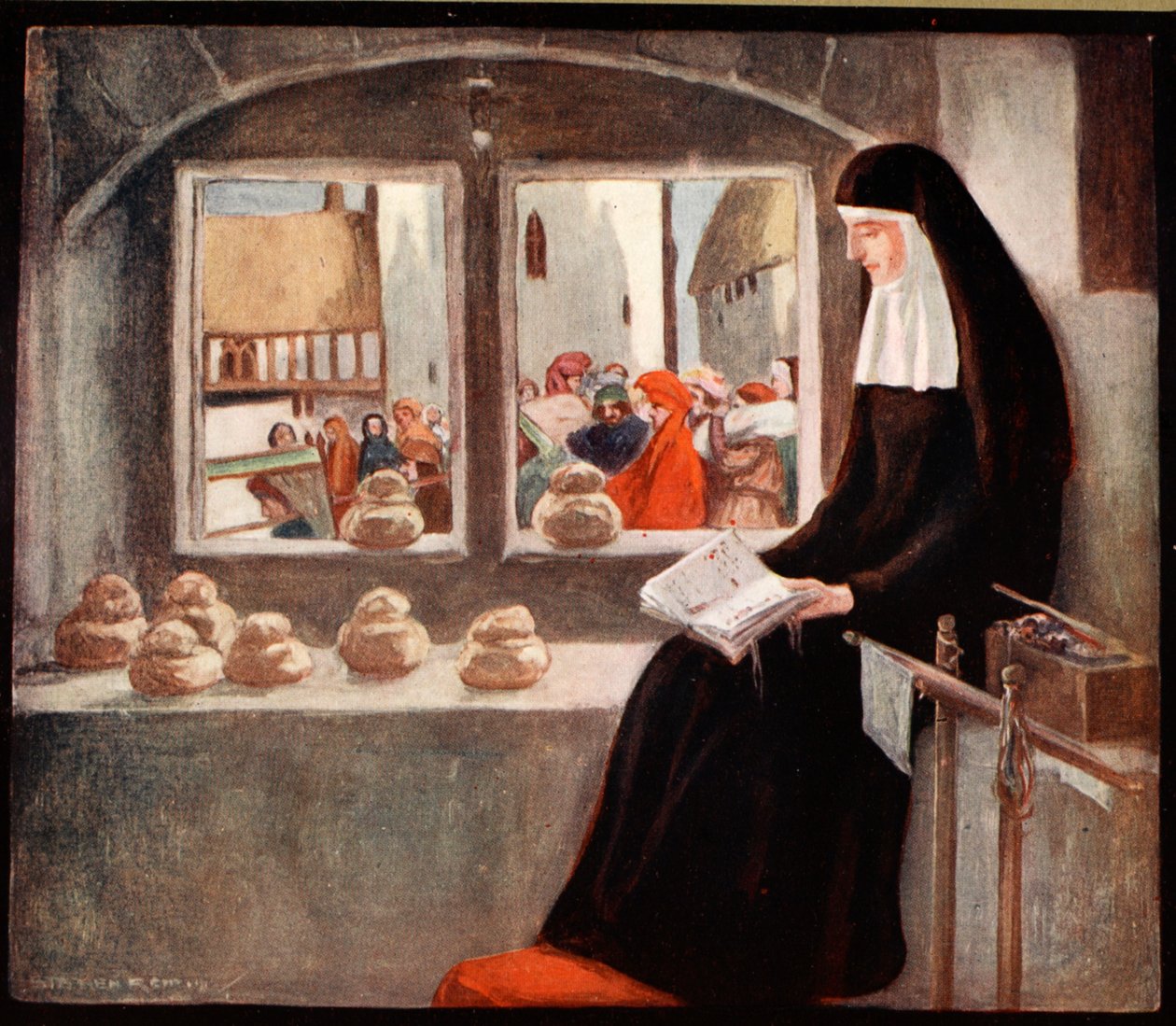 السيدة جوليان من نورويتش، رسم توضيحي من "الجيش العظيم" بقلم وينيفريد إم ليتس، حانة. 1912 (ليثو ملون) بواسطة ستيفن ريد