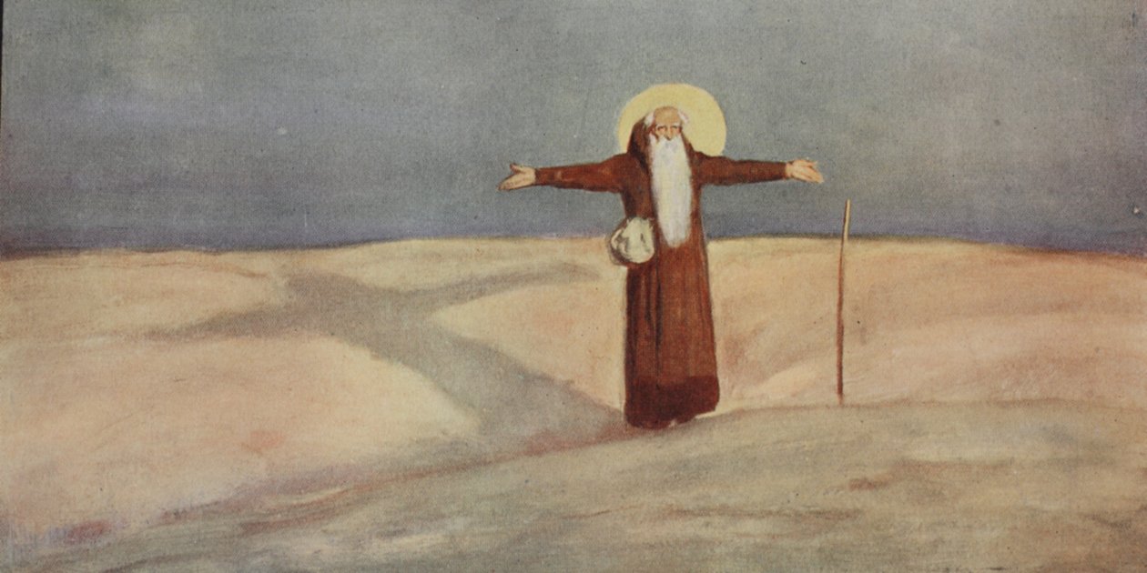 القديس أنطونيوس في الصحراء ، رسم توضيحي من "خوذة وطربوش: قصص الرهبنة والأوامر العسكرية" و. ليتس و م. ليتس بواسطة ستيفن ريد