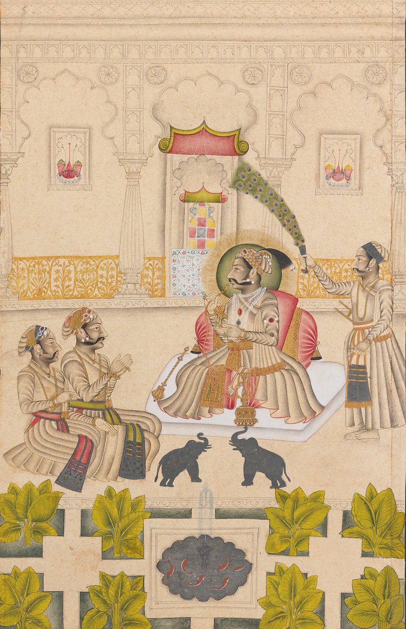 ماهارانا عمار سينغ الثاني يظهر فيلان فضيان ، كاليفورنيا. 1705. بواسطة سيد Stipple
