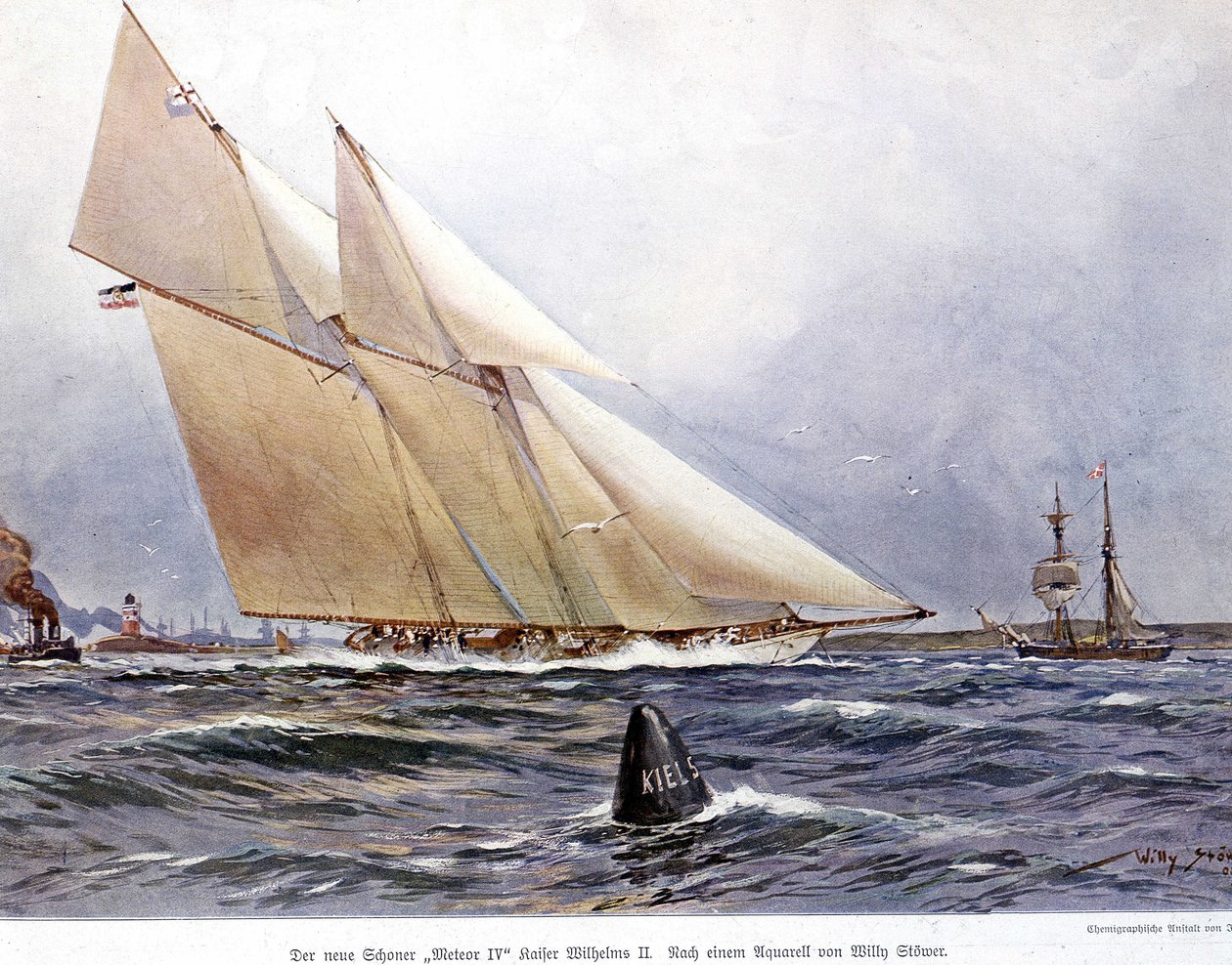 Sailing Race: The Sailboat “” Meteor IV”” - Watercolour by Willy Stower بواسطة ويلي ستور