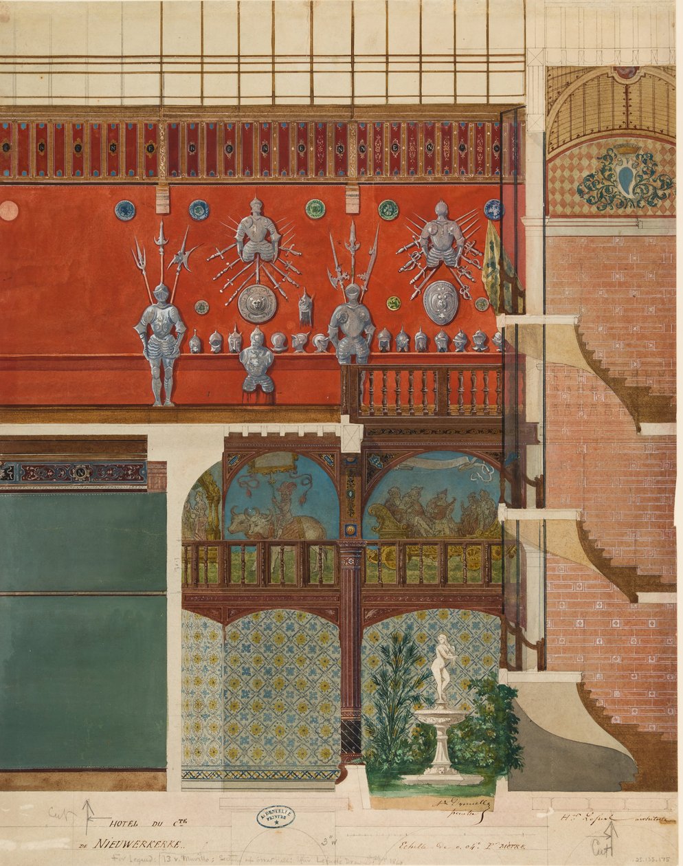 رسم معماري للداخلية لمنزل Comte de Nieuwerkerke ، كاليفورنيا. 1870. بواسطة استوديو هيكتور مارتن ليفويل.