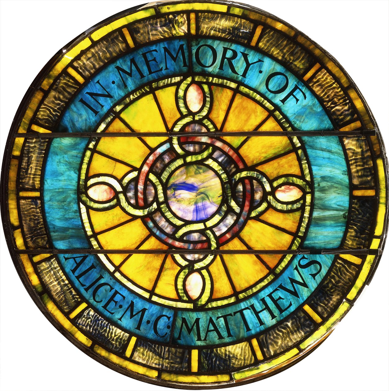 نافذة زجاجية دائرية من الرصاص من Tiffany Studios (زجاج مرصص) بواسطة استوديوهات تيفاني