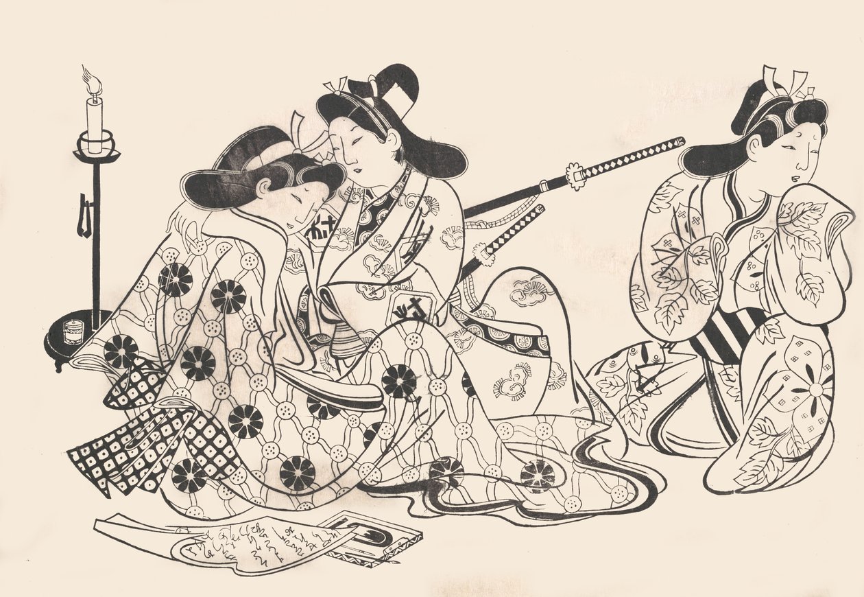 Samurai and Courtesan Seated ، خادم بجانبهما ، كاليفورنيا. 1685. ، كاليفورنيا. 1685. بواسطة سوجيمورا جيهي