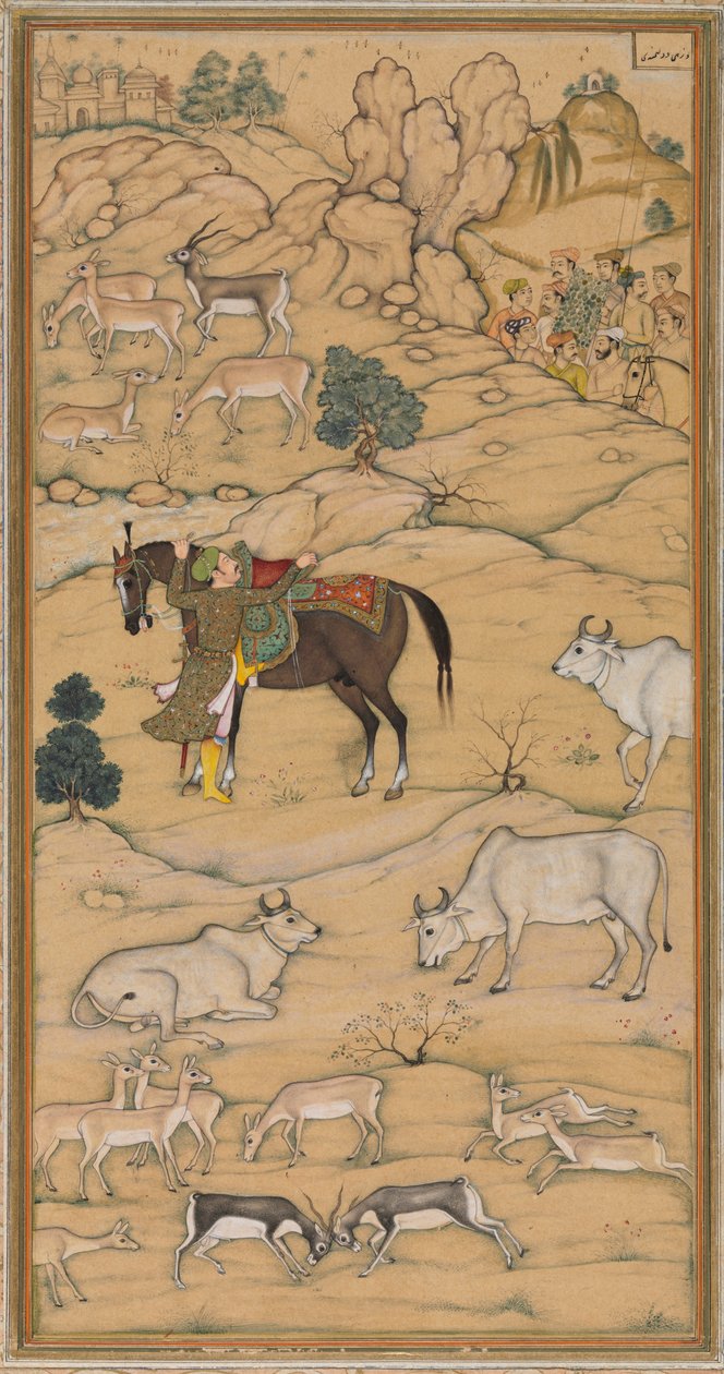أكبر يصعد حصانه ، صفحة من تشيستر بيتي أكبر ناما تاريخ أكبر ، 1605-07. بواسطة سور داس غوجاراتي