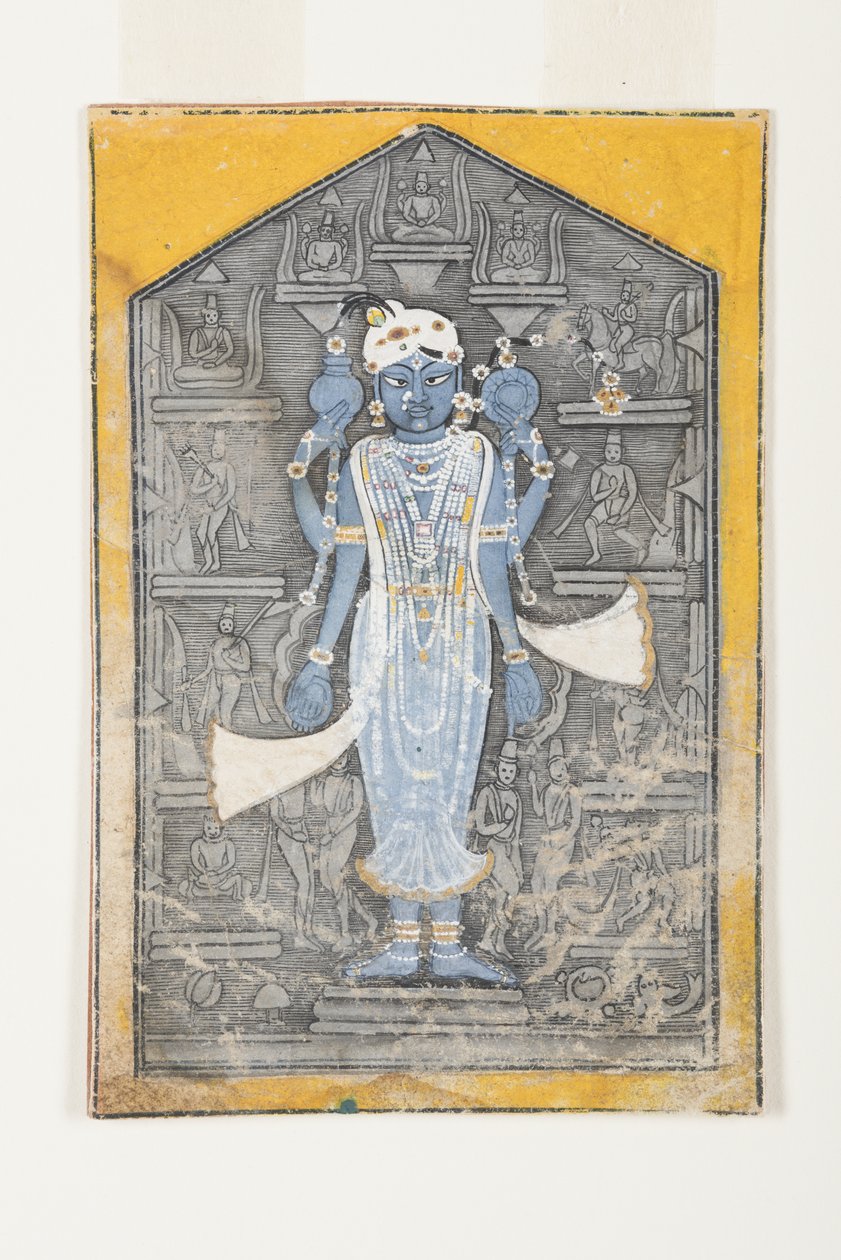 صورة لفيشنو محاطة بنقوش بارزة من صوره الرمزية ، c.1780 (مرحاض غير شفاف وذهب على ورق) بواسطة Surdhaj Nanag Ram