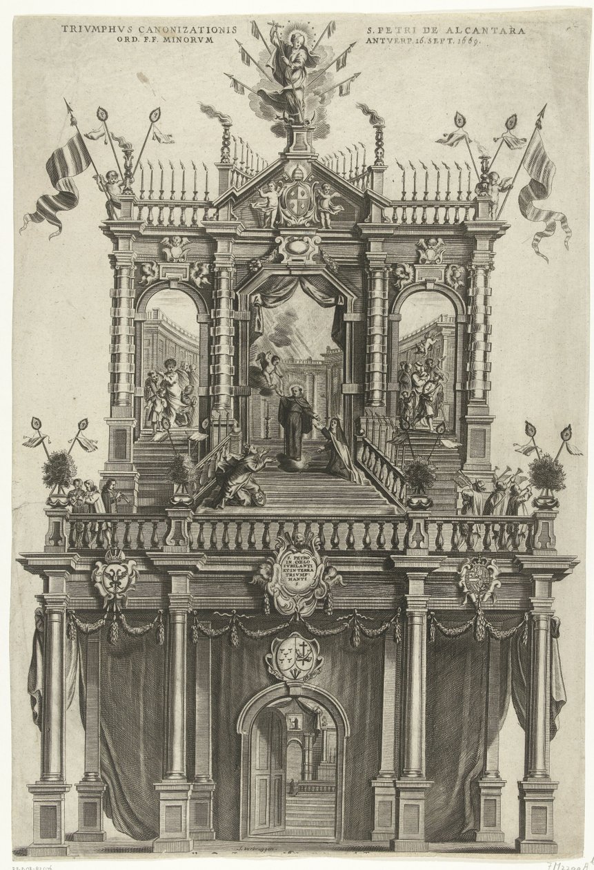 نصبت بوابة Triumph في أنتويرب بمناسبة تقديس بيتر الكانتارا في 1669 Triumphus Canonizationis S. Petri de Alcantara Ord. FF Minorum Antverp. 16 سبتمبر 1669 (العنوان على البند) بواسطة سوزانا فيربروجن (توقيع الفنان)