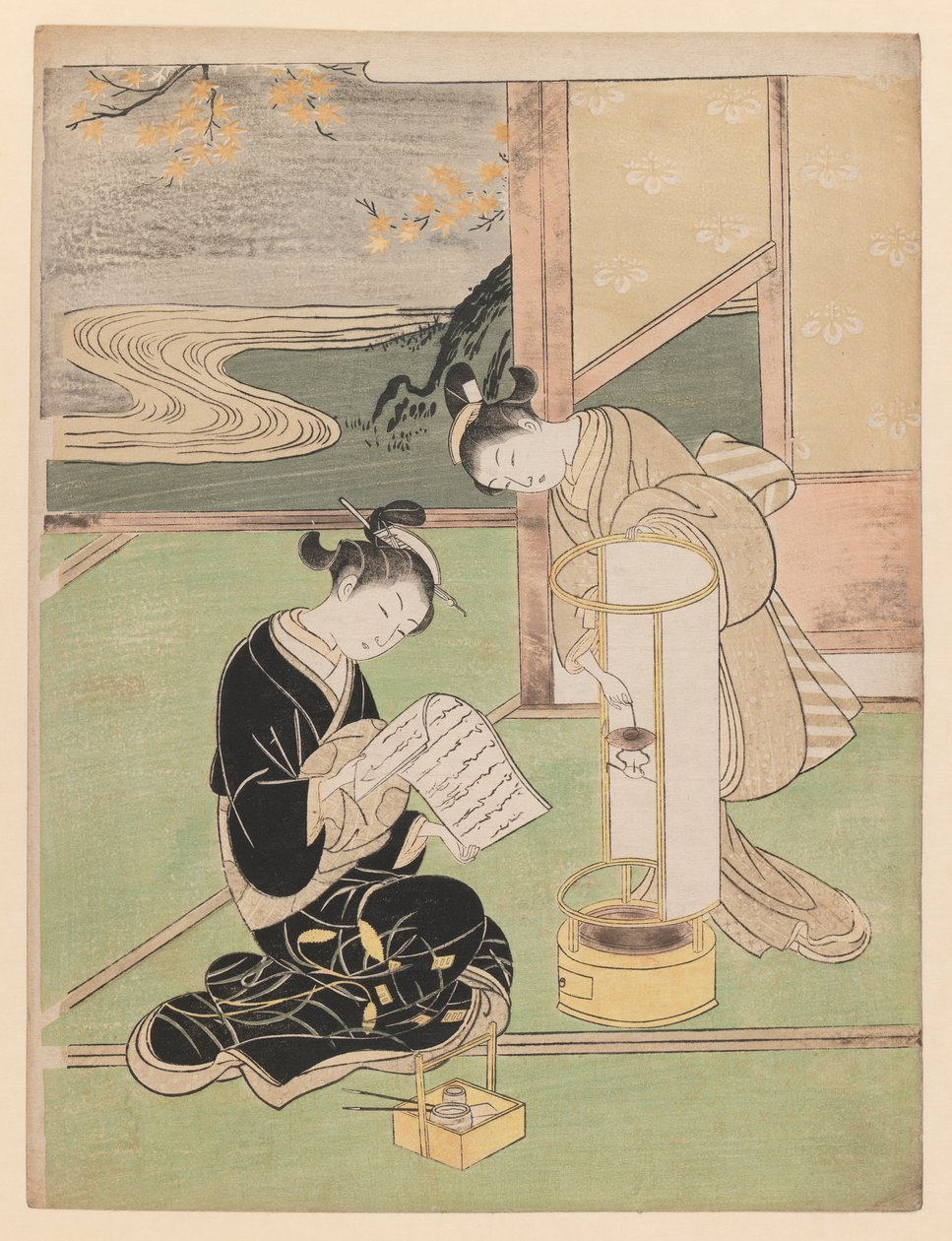 إشراقة المساء في ضوء الليل المغطى بالورق ، من سلسلة Eight Parlor Views ، 1766 (طباعة لوح خشبي ملون) بواسطة سوزوكي هارونوبو
