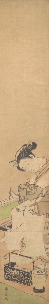 Oiran جالسًا على سرير ، يكتب رسالة ، كاليفورنيا. 1769. ، كاليفورنيا. 1769. بواسطة سوزوكي هارونوبو