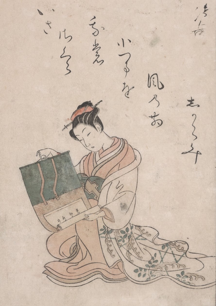 لفيفة Beauty Unrolling ، حوالي عام 1770 (نقش خشبي ملون على ورق ياباني) بواسطة سوزوكي هارونوبو