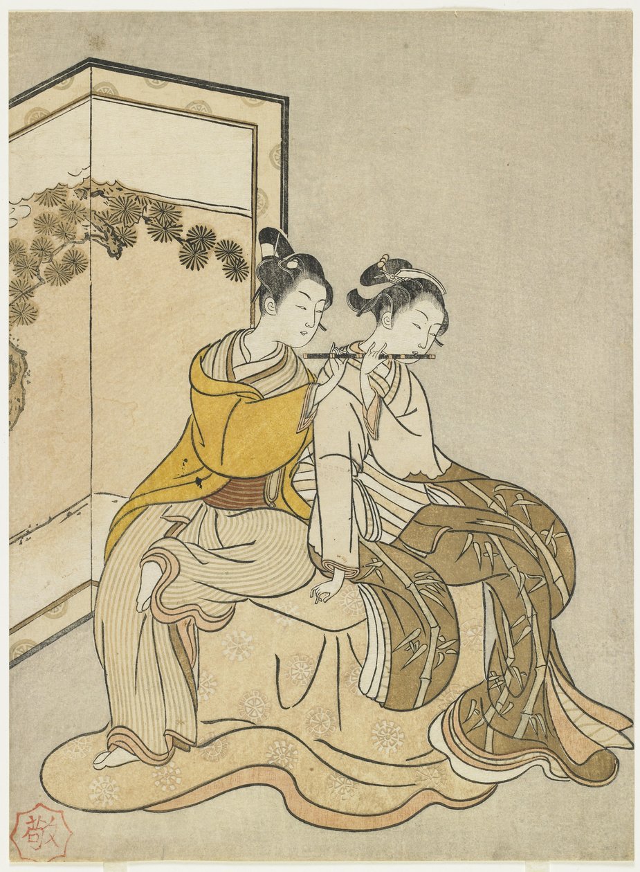طباعة التقويم ل Meiwa 2 وتقليد الإمبراطور Xuanzong و Yang Guifei ، 1765 بواسطة سوزوكي هارونوبو