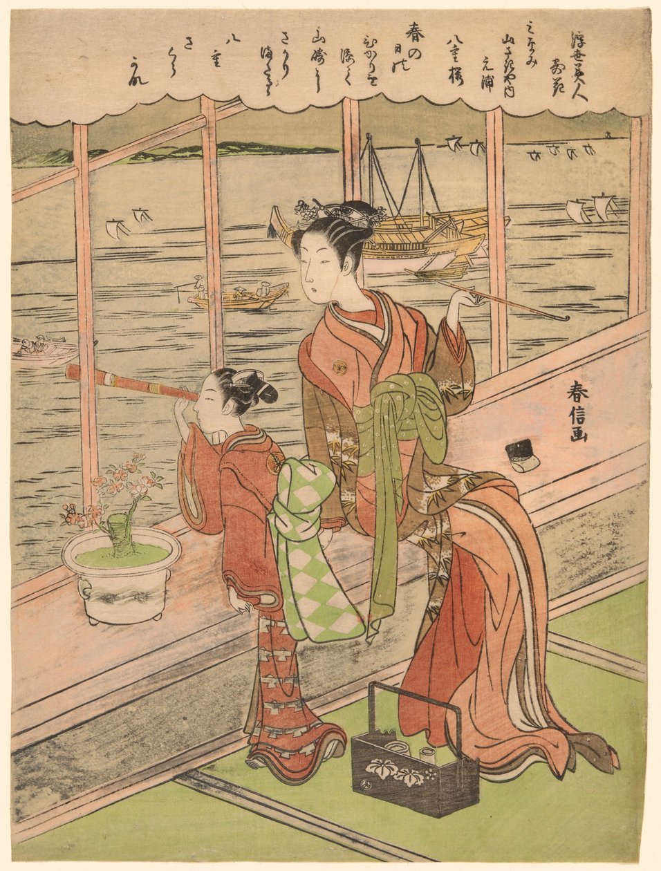أزهار الكرز المزدوجة: Motoura of the Minami Yamasakiya (Minami Yamasakiya uchi Motoura ، Yaezakura) ، من سلسلة "محاسن العالم العائم مقارنة بالزهور (Ukiyo bijin hana ni yosu)" بواسطة سوزوكي هارونوبو