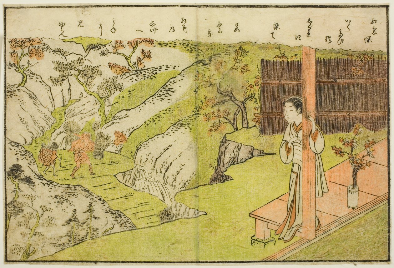 توضيح من صفحتين من المجلد. 1 من "الكتاب المصور لربيع البروكار (Ehon haru no nishiki)" بواسطة سوزوكي هارونوبو